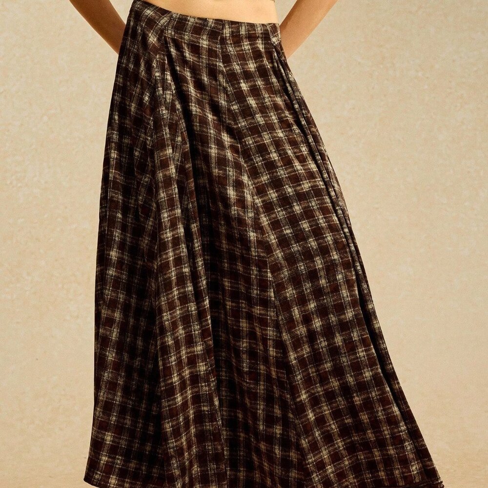 Mocha Brown Casual Women's Long Loose Plaid Skirt - Picture 8 of 8